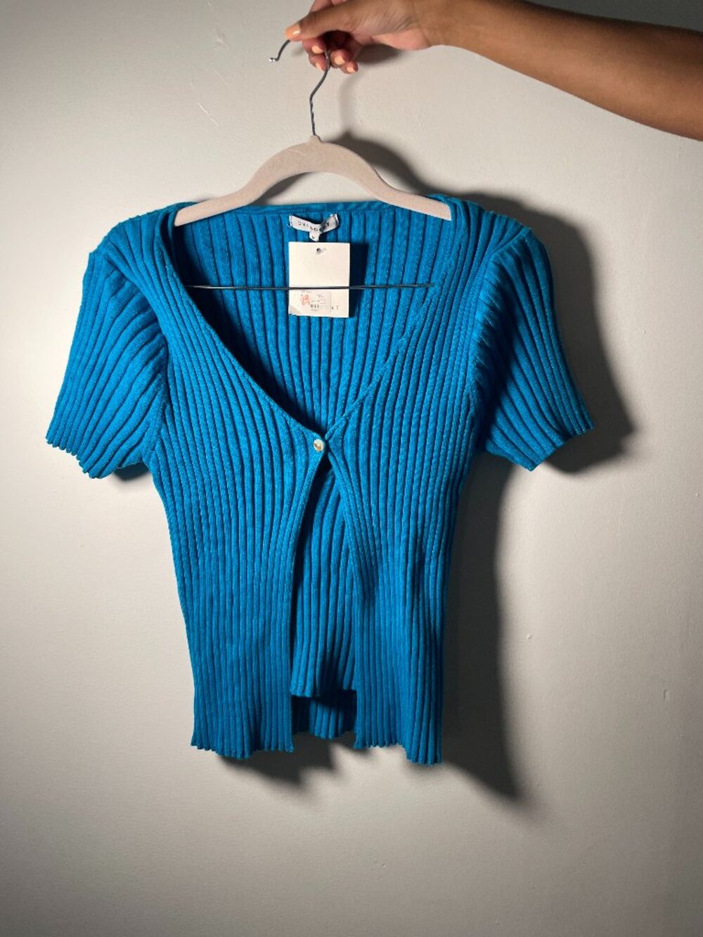 NWT Blue Knit Short Sleeve Sweater with Built in Tank Top with Cinched Back (M)